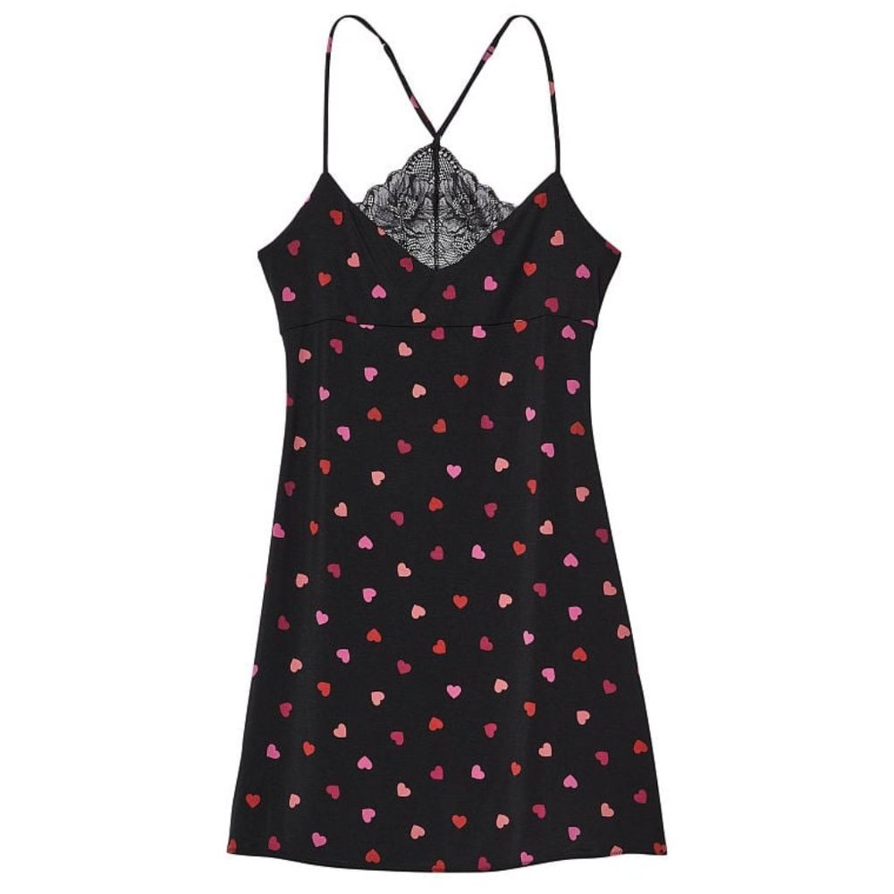 Victoria's Secret Black Chemise with Heart Pattern